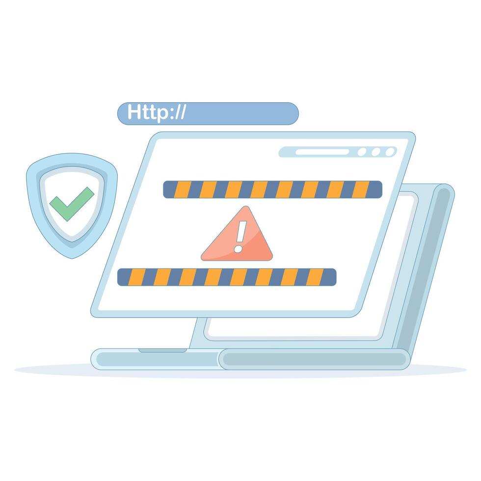 Illustration of warning and protecting users from suspicious websites. Security system concept. Preventing access to malicious website addresses. Protecting users from suspicious websites. vector