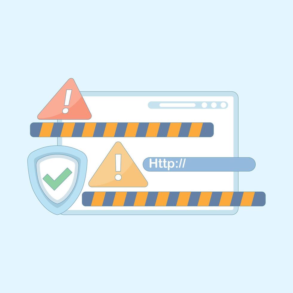 Flat illustration of a security system and a secure browser. Preventing access to malicious website addresses. Warning and protecting users from suspicious websites. Security system concept. vector
