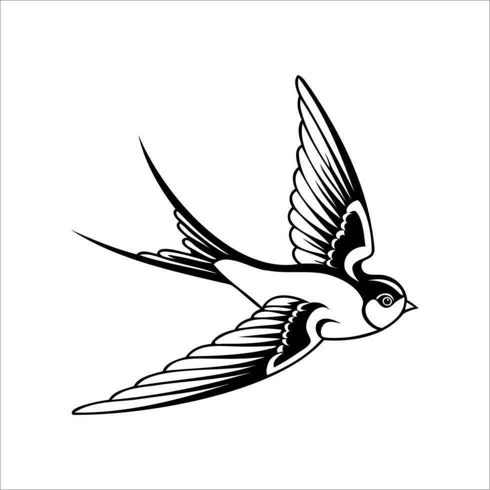 A stylized black and white illustration of a flying swallow bird. The bird has long wings and a distinct tail, showcasing its graceful flight. vector