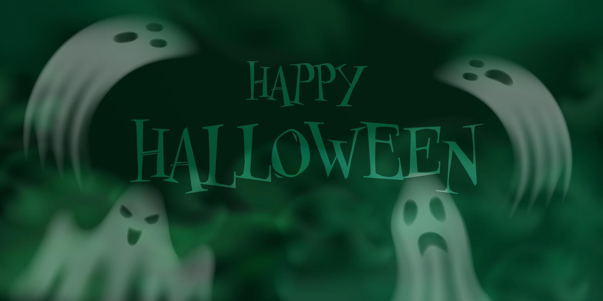 Spooky Halloween ghosts background. Green Mist and haunted atmosphere. Illustration for party, banner, poster, web design. vector