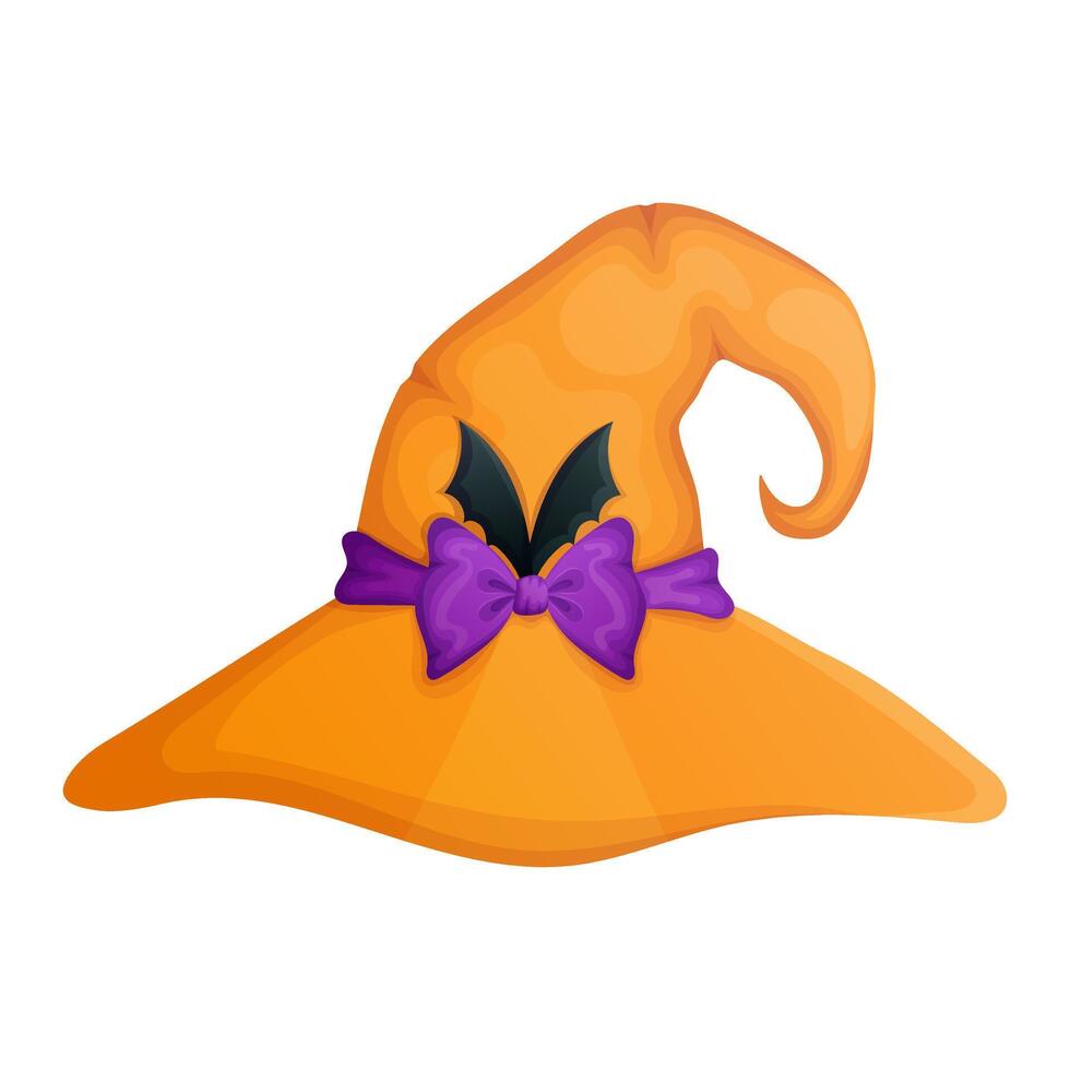 Halloween witch hat with bat wings and bow decoration. Magical accessory cartoon illustration. vector