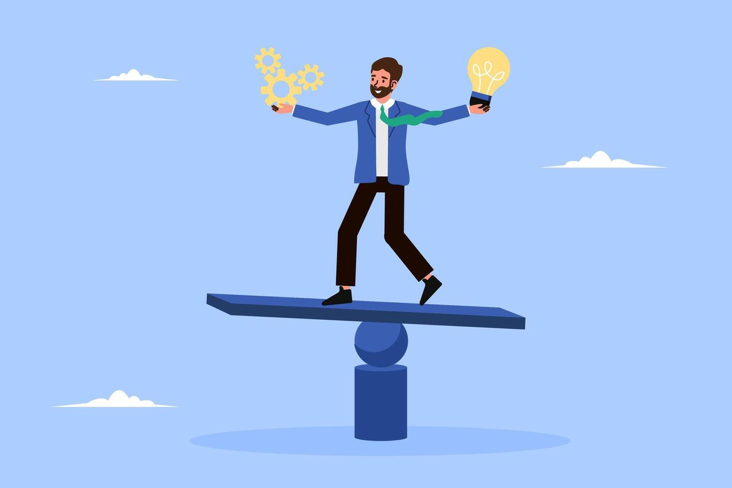 Business agility concept. Adapting strategies amid uncertainty. Man balances on board, showing flexibility to adverse situations. vector