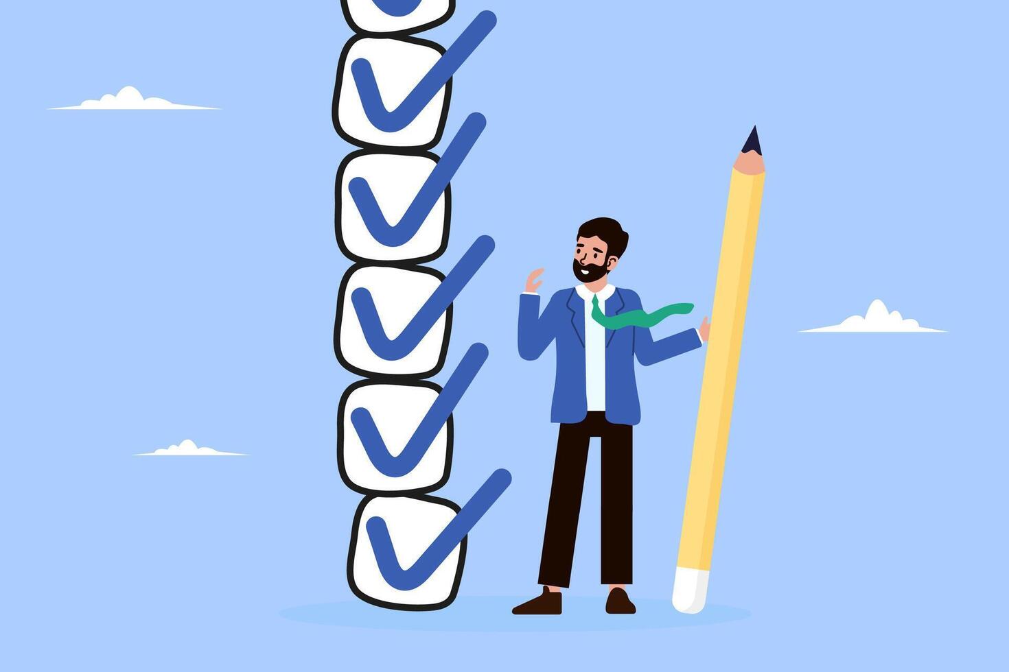 Getting things done. Confident expert ticks off checklist tasks. Embodies accomplishment, project success and business efficiency vector