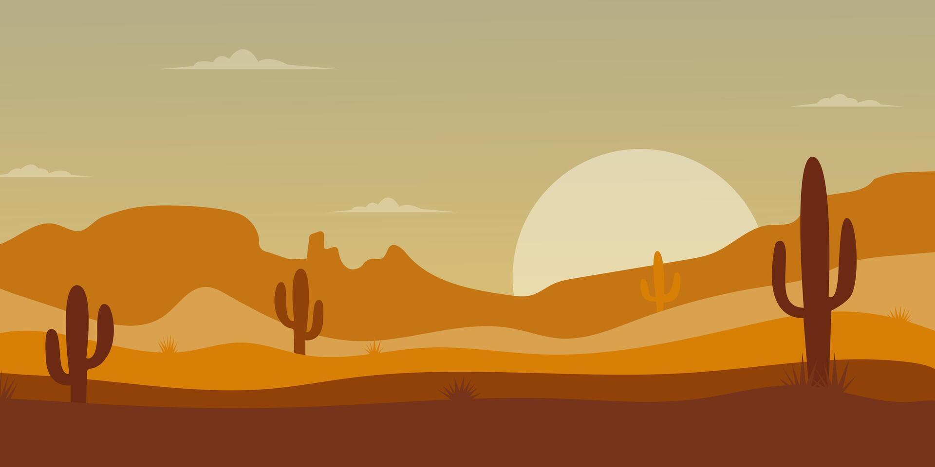 Sunset over a tranquil desert landscape showcasing cacti and gentle hills in warm hues during twilight hours vector