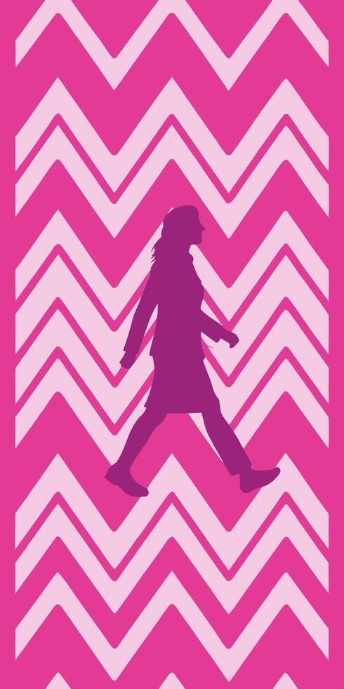 Silhouette of a caucasian woman, walking, with a pink and white zigzag background vector