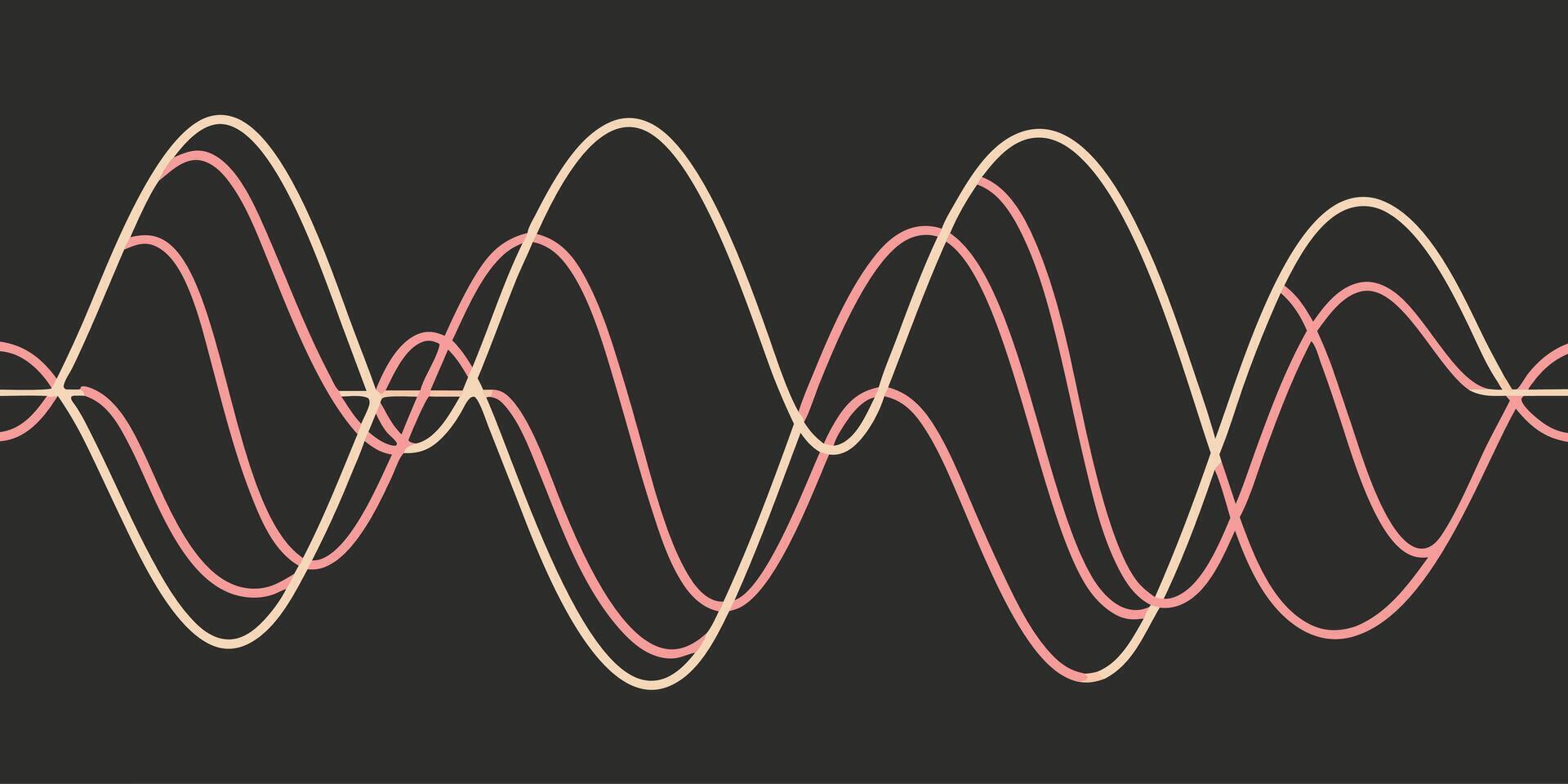 Three sinusoidal waves with different amplitudes and phases, one in pale yellow and two in light pink, on a dark gray background vector