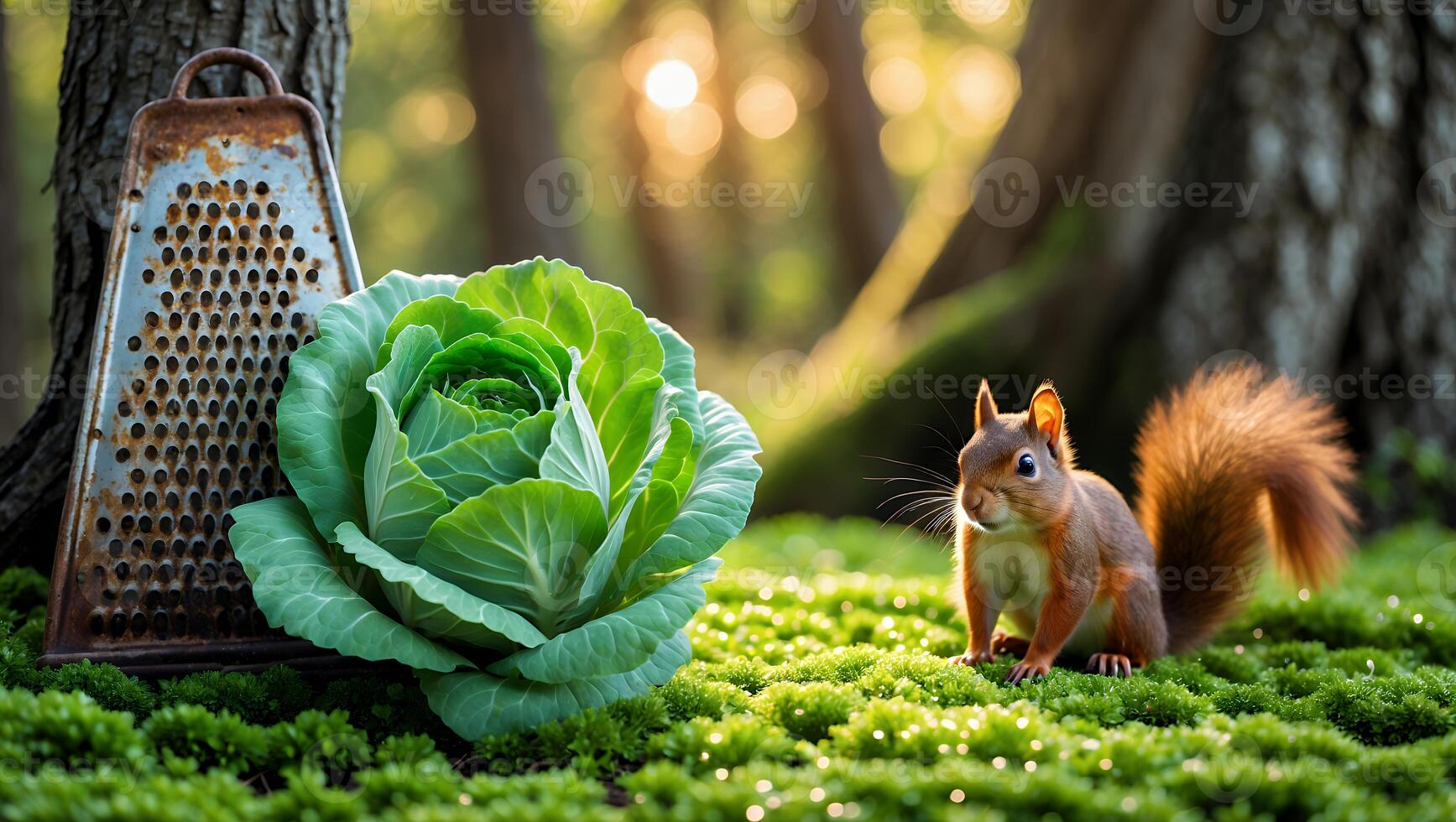 Squirrel with Cabbage and Grater in Forest Setting at Sunset photo