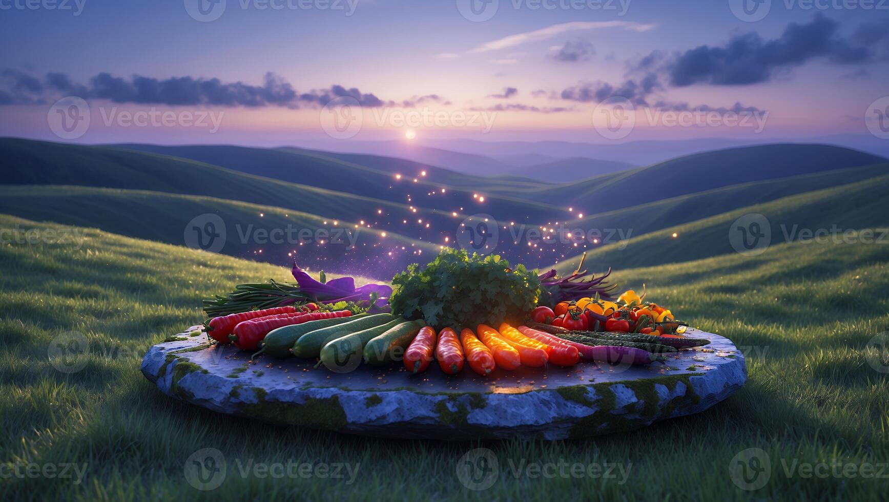 Fresh Vegetables Displayed on Stone Slab with Beautiful Hilly Background photo