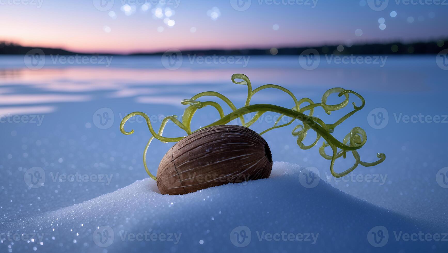 Seedling on Snowy Field at Dusk with Water and Sky Backdrop photo