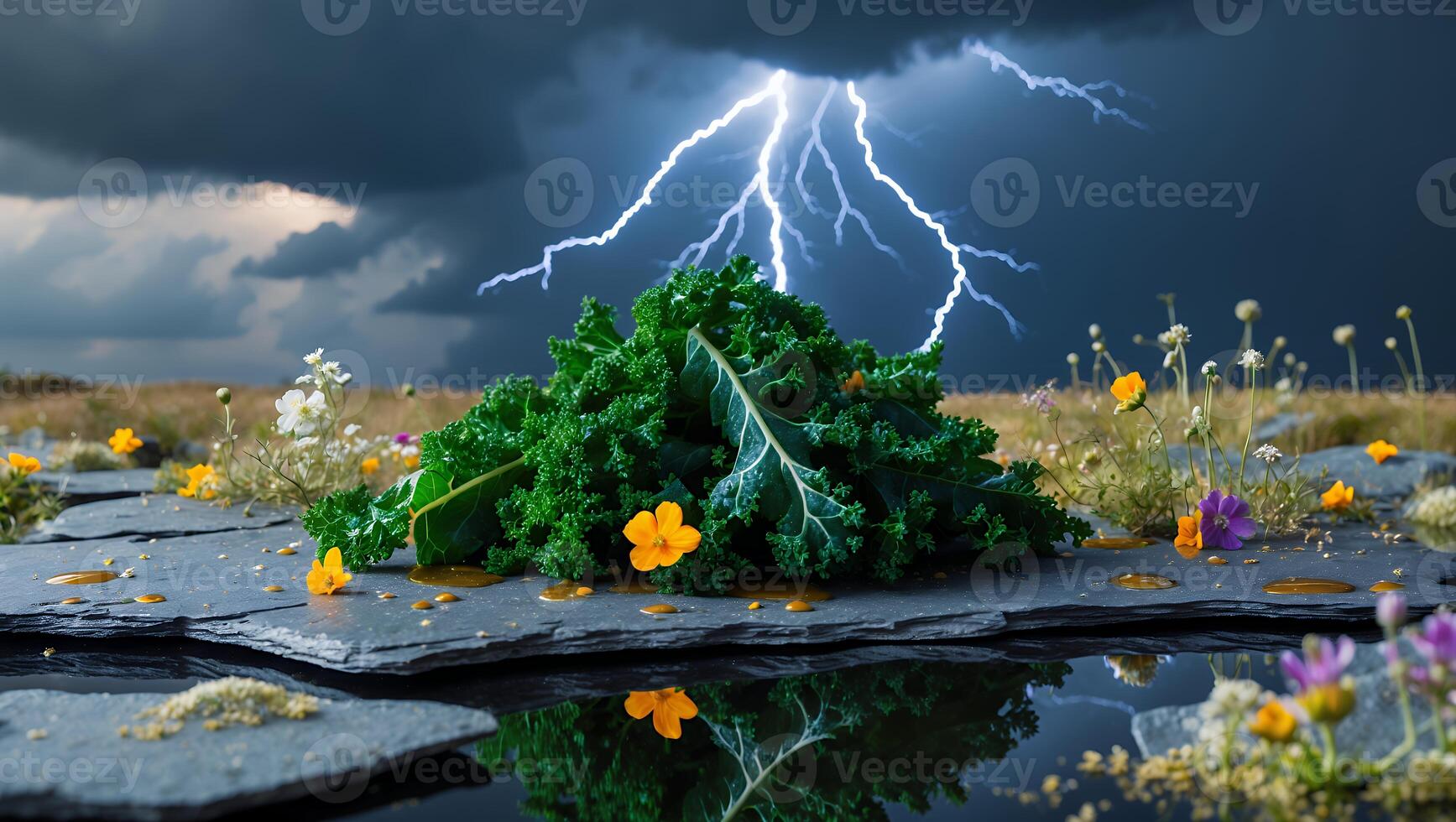 Kale on Stone Slab with Lightning Storm Backdrop and Flower Decoration photo
