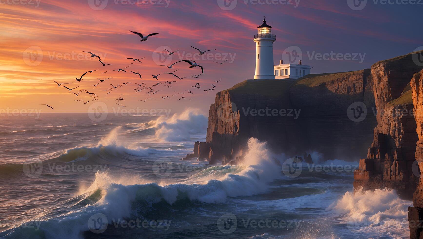 Seagulls Flying Over Lighthouse on Cliff with Crashing Ocean Waves photo