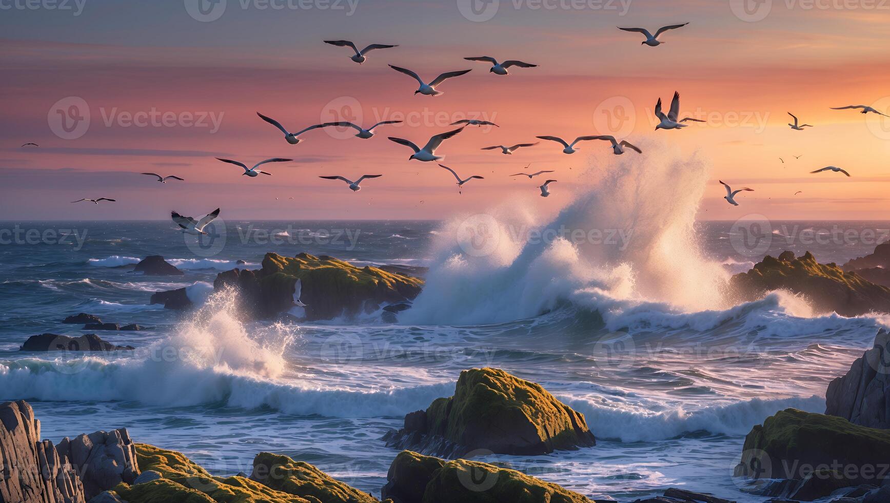 Seagulls Flying Over Rocky Coastline As Waves Crash at Sunset photo