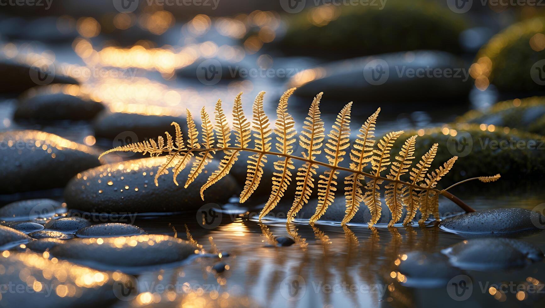 Golden Fern Reflection on Water Among Smooth Stones with Bokeh photo