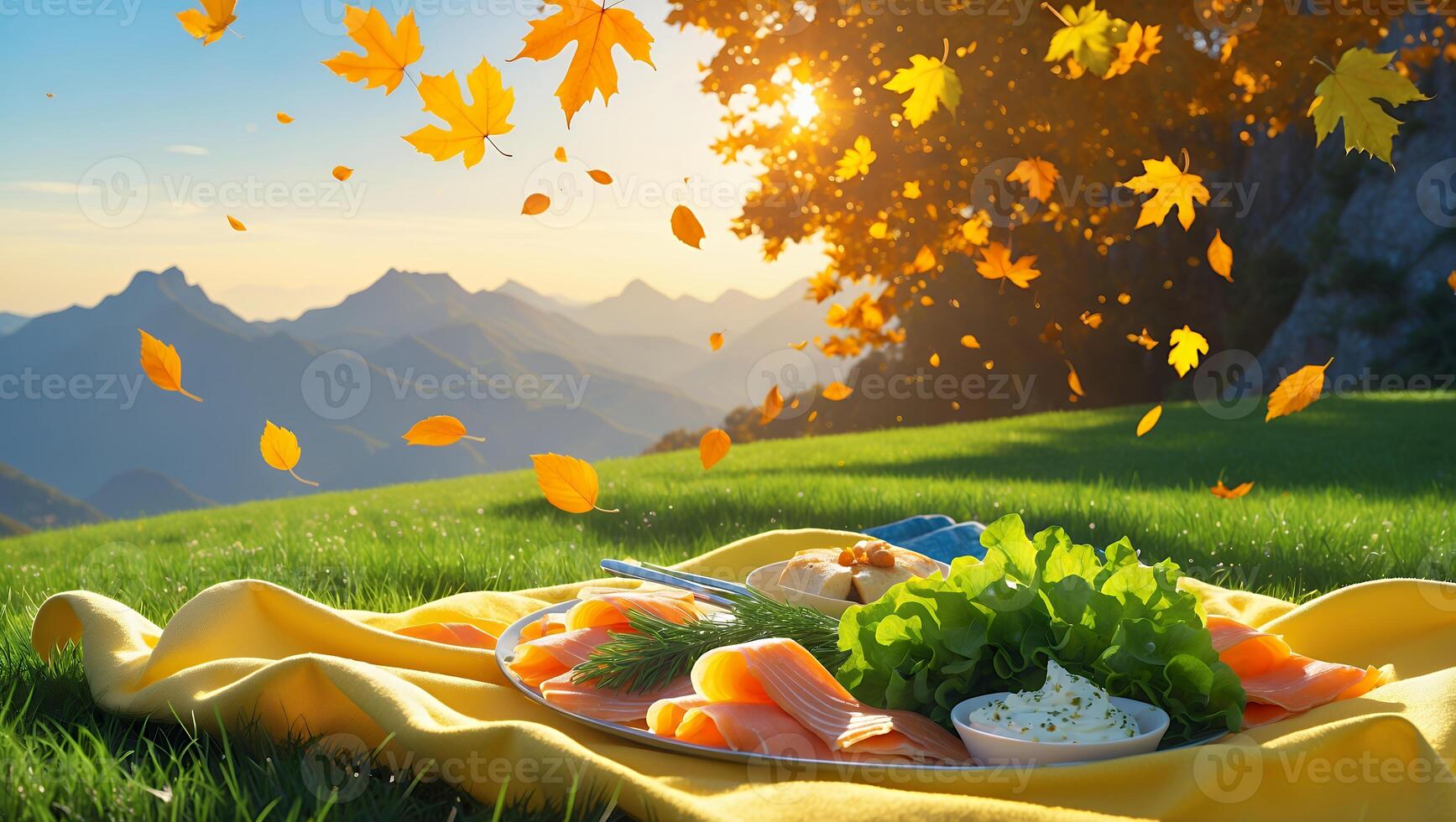 Picnic with Salmon in Autumn Scenery on Green Grassy Hill photo