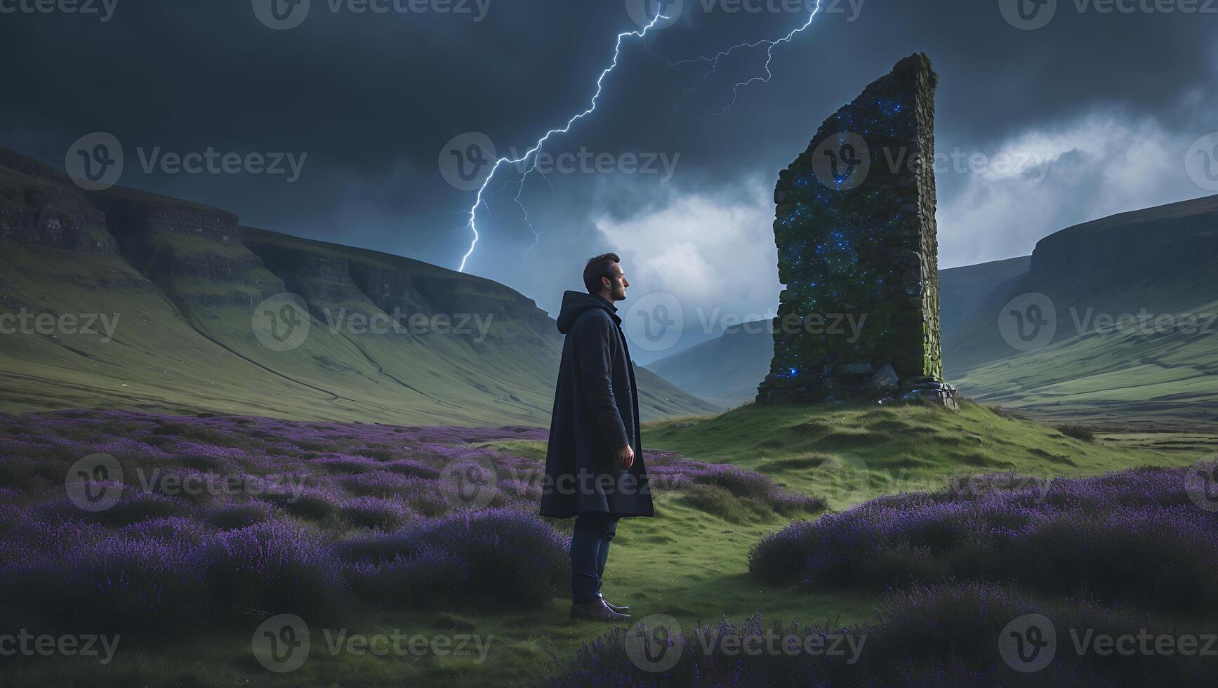 Standing Man Views Ancient Structure with Lightning in Mountainous Landscape photo