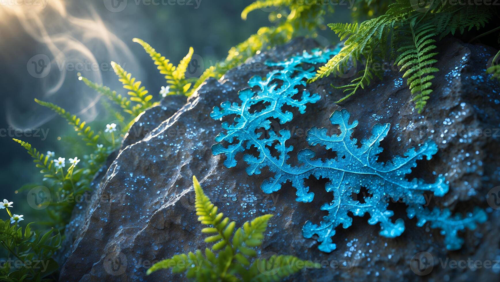 Blue Leaf on Rock Surrounded by Green Fern and Sunlight photo