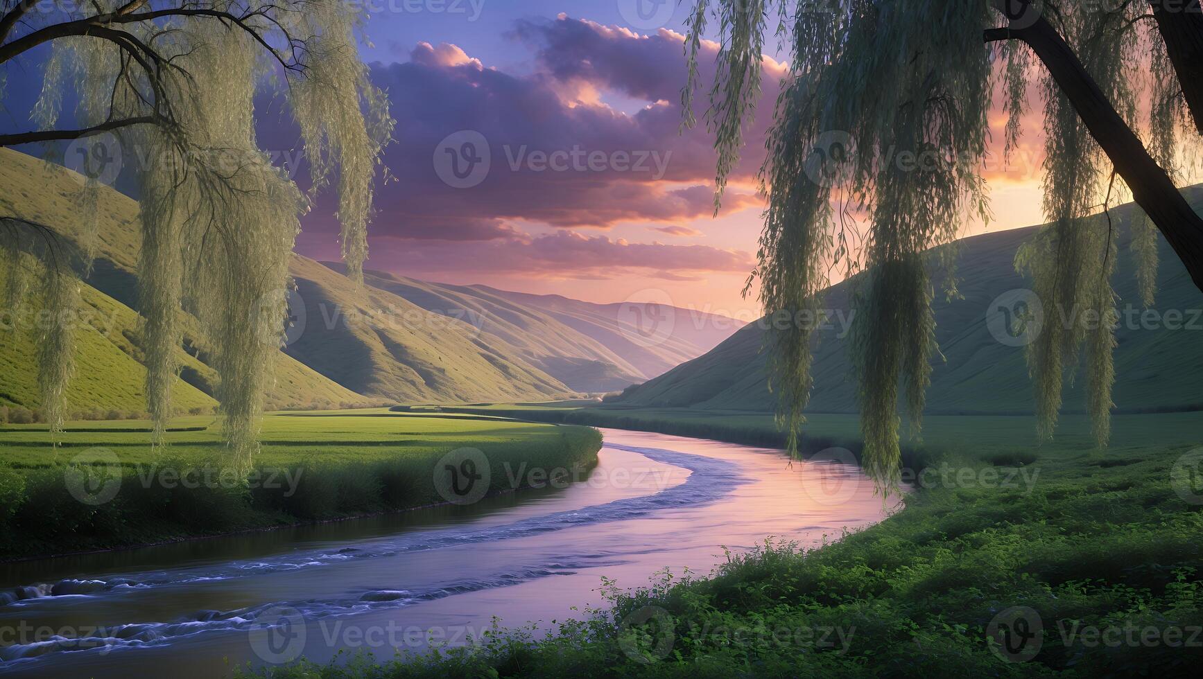 River Flowing Through Green Valley at Sunset with Willow Trees photo