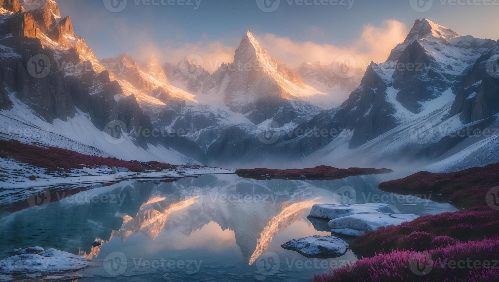 Reflections on Mountain Lake with Snow-capped Peaks and Alpine Meadow photo