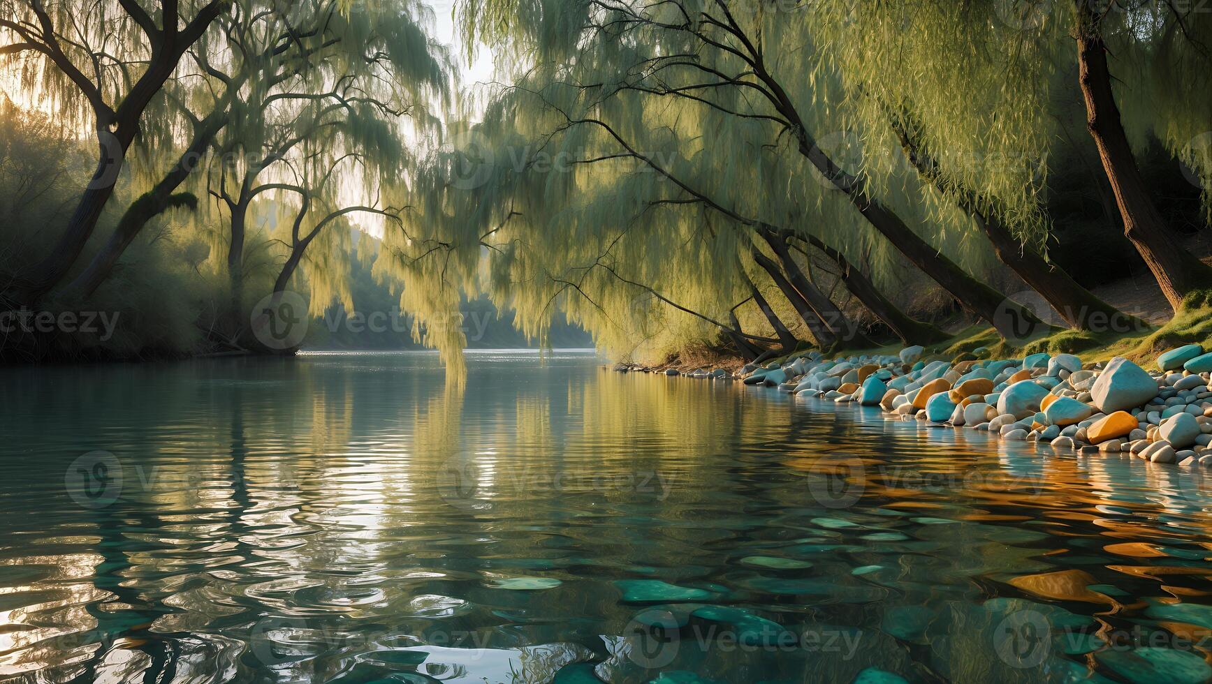 Still River Flowing Through Willow Trees at Calm Sunset Hour photo