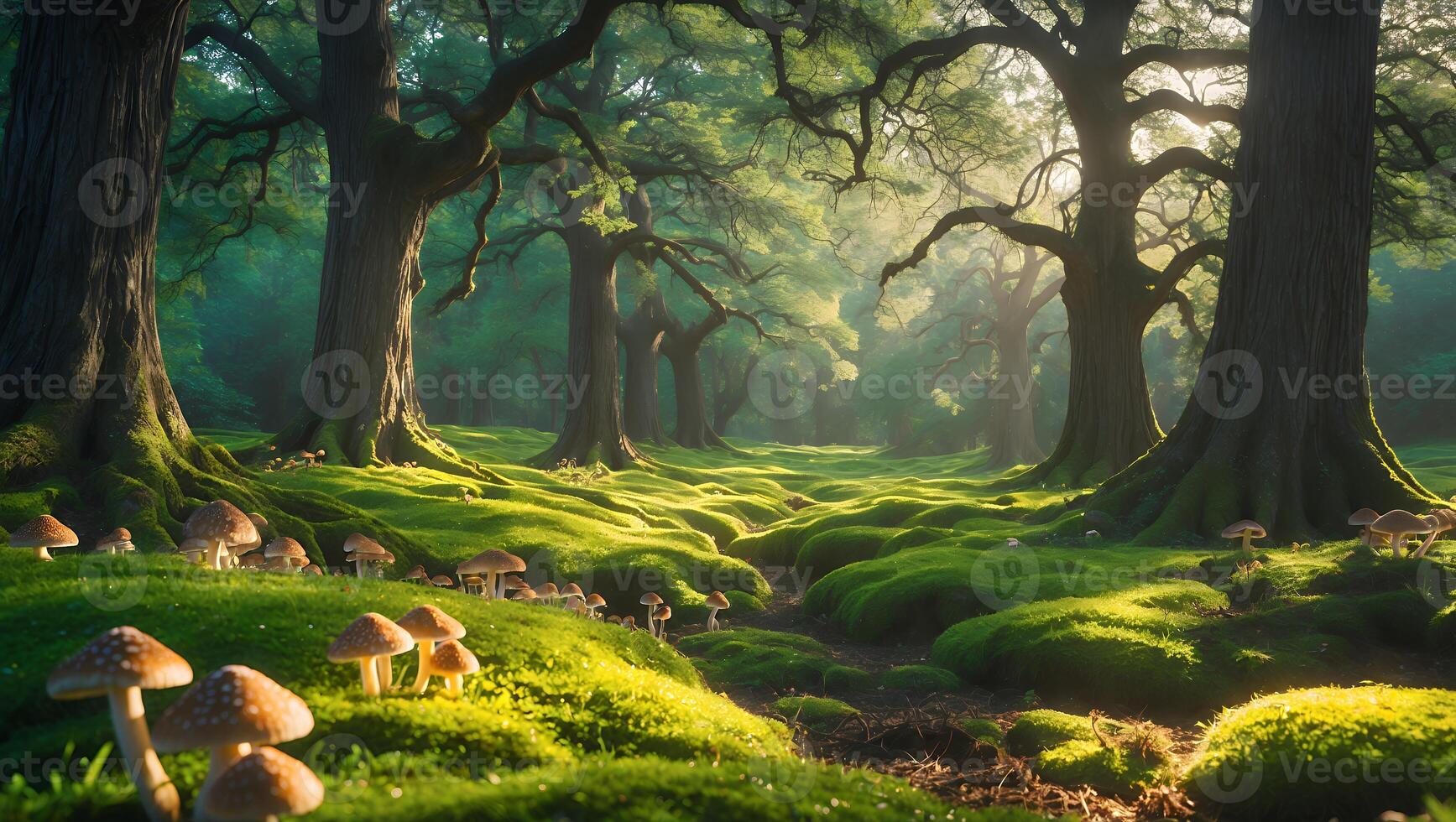 Exploring Enchanted Forest Path with Moss, Trees, and Mushrooms photo