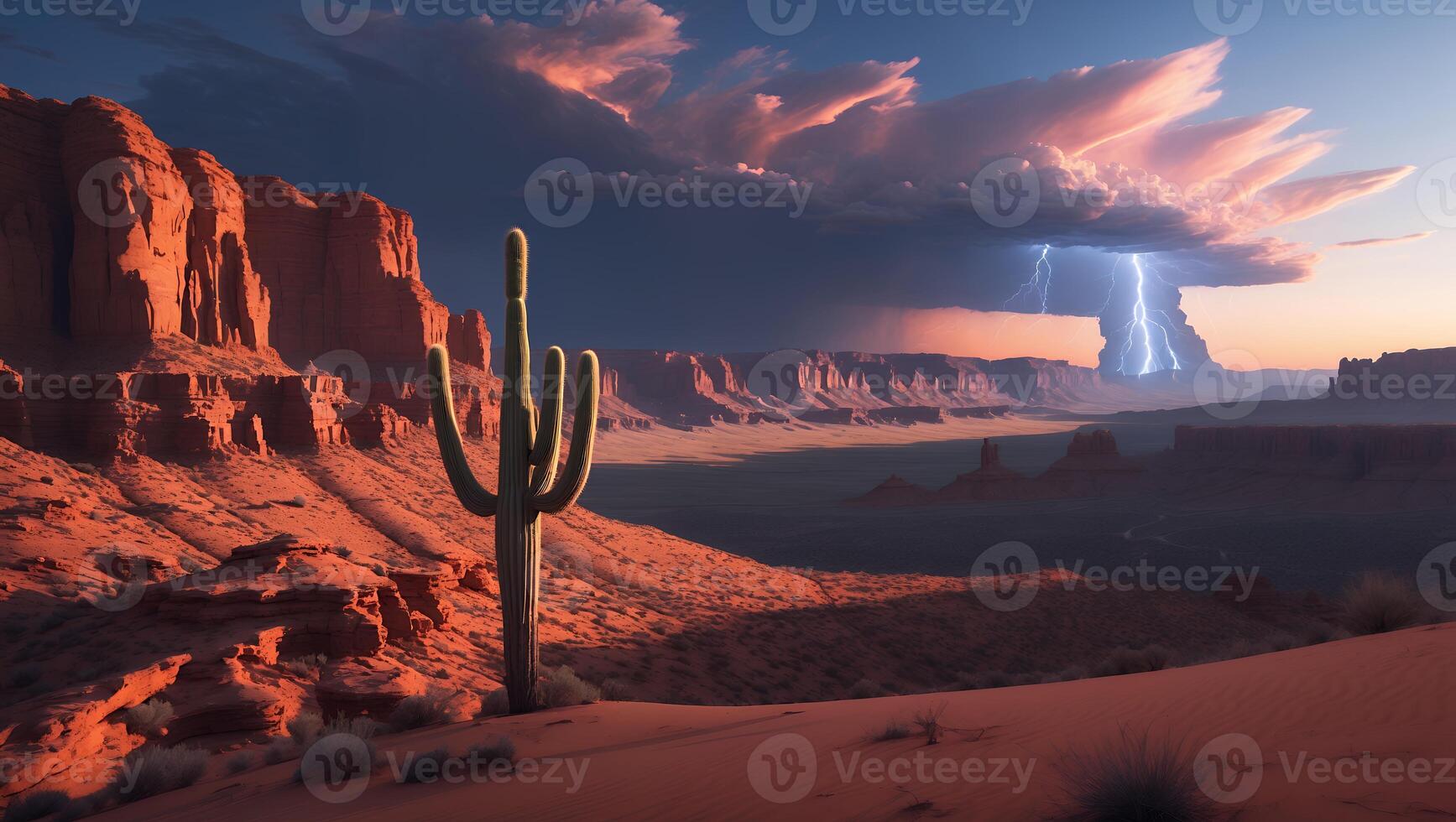 Standing Cactus in Desert Landscape with Stormy Sky and Lightning photo