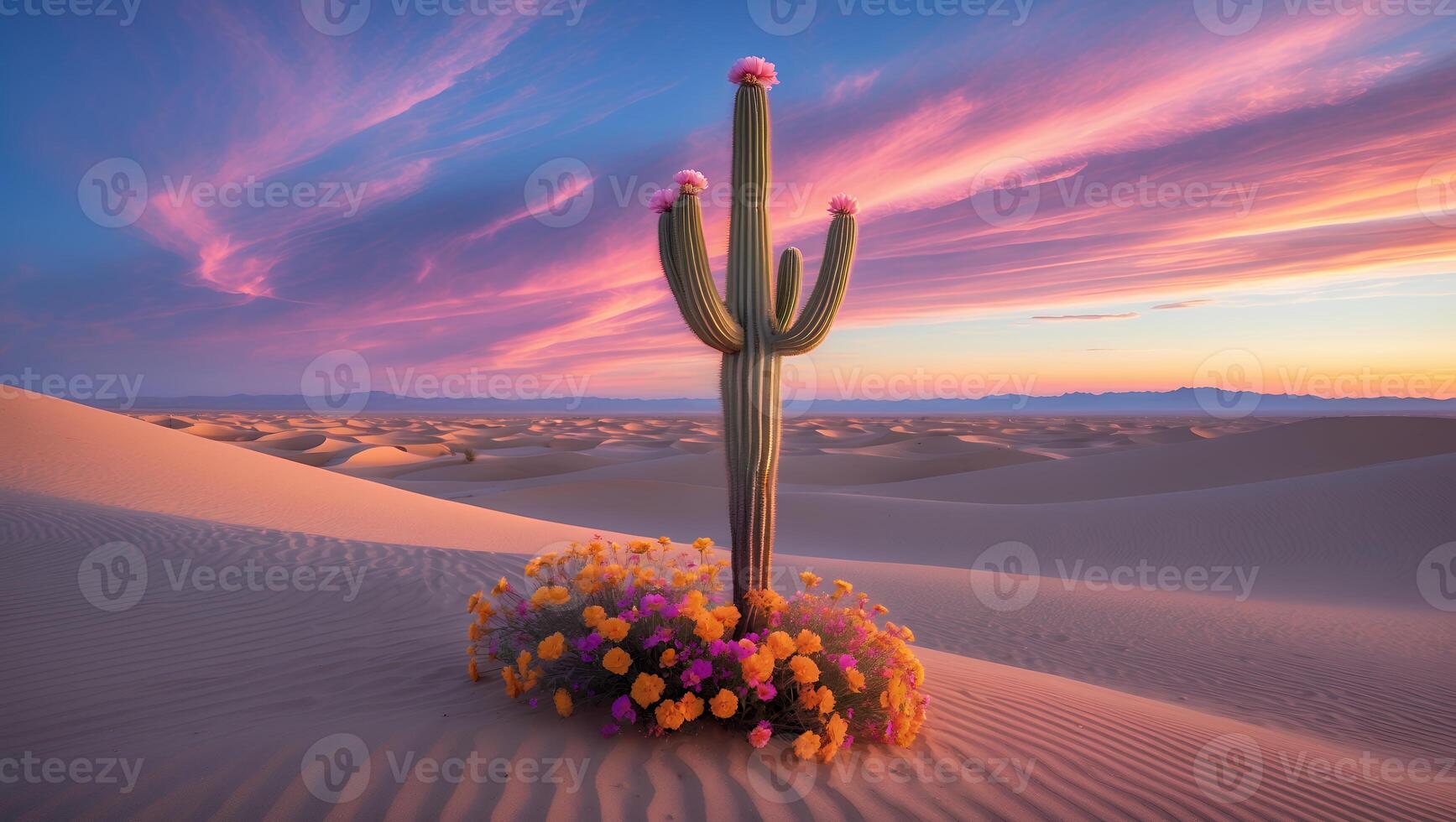 Cactus Blooming in Desert at Sunset with Colorful Sky and Sand photo