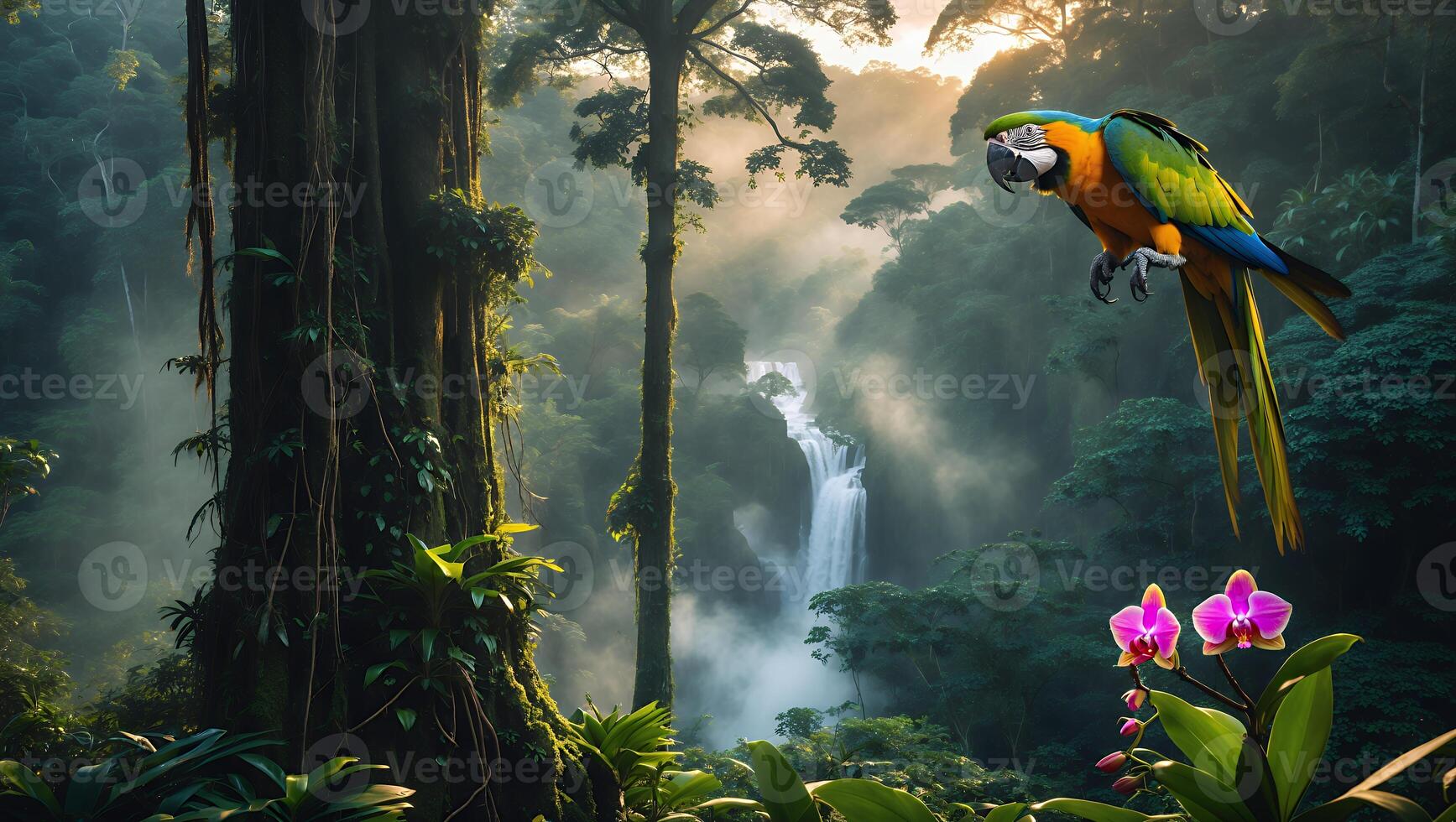 Parrot Flying in Tropical Rainforest with Waterfall and Lush Vegetation photo