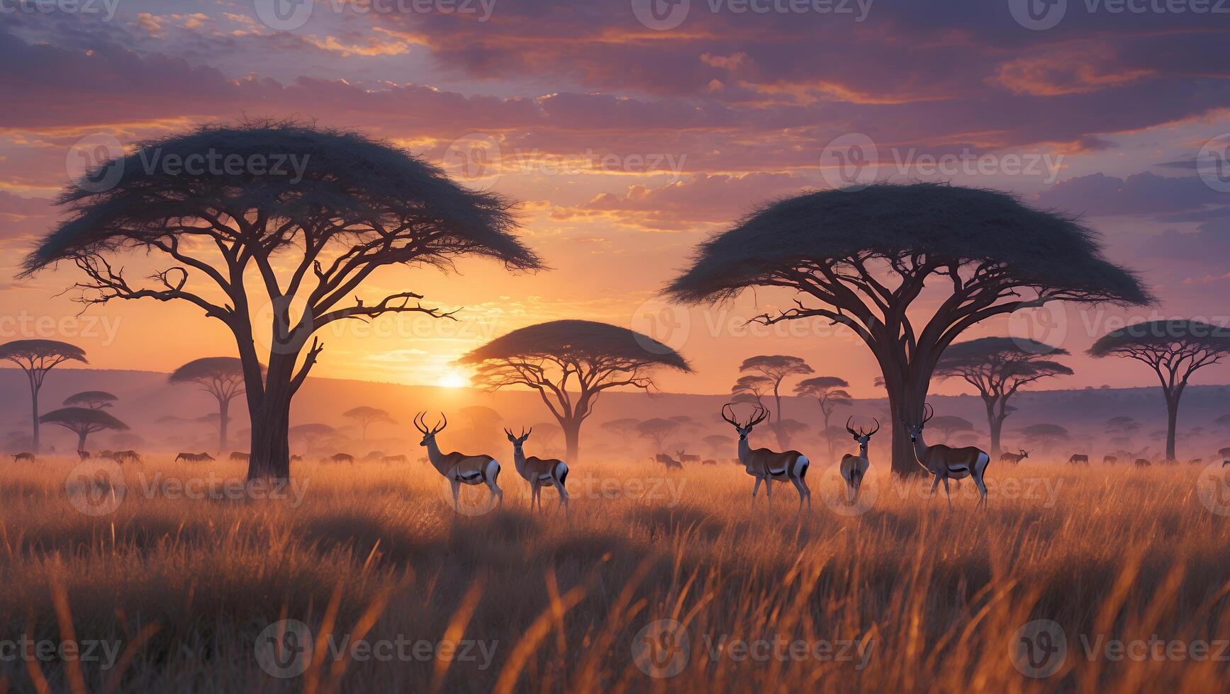 Antelope Grazing in Savannah at Sunset Under Acacia Trees photo