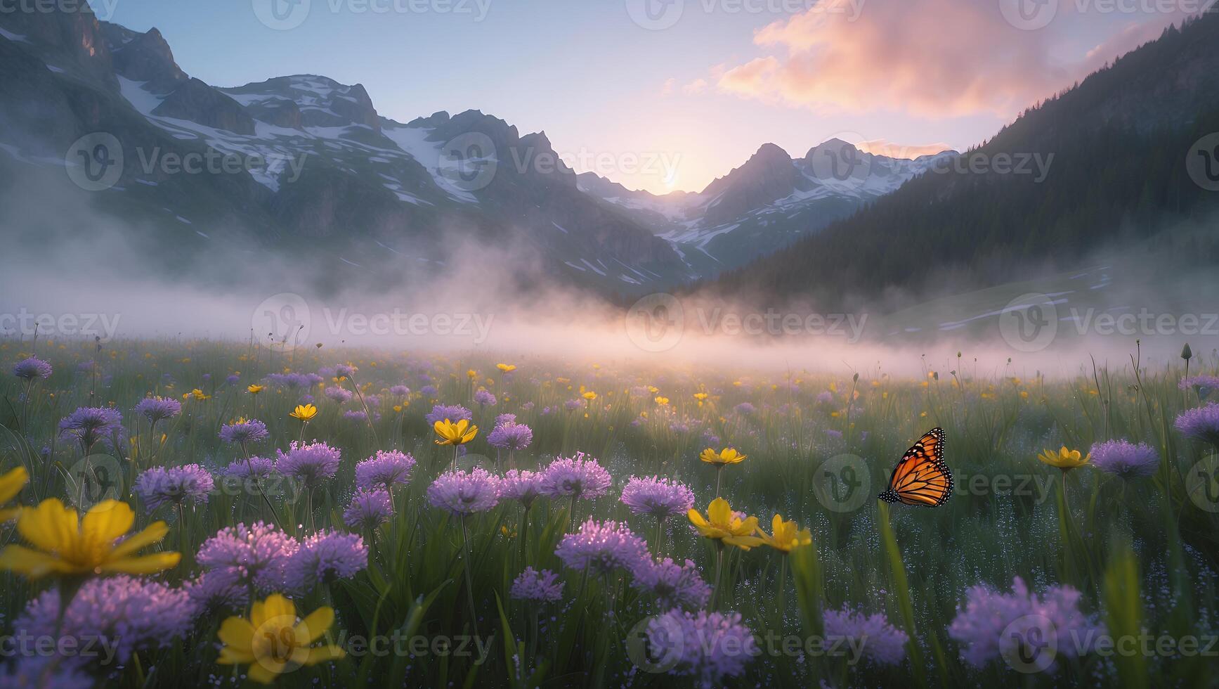 Foggy Mountain Meadow Landscape with Wildflowers and Butterfly at Sunrise photo