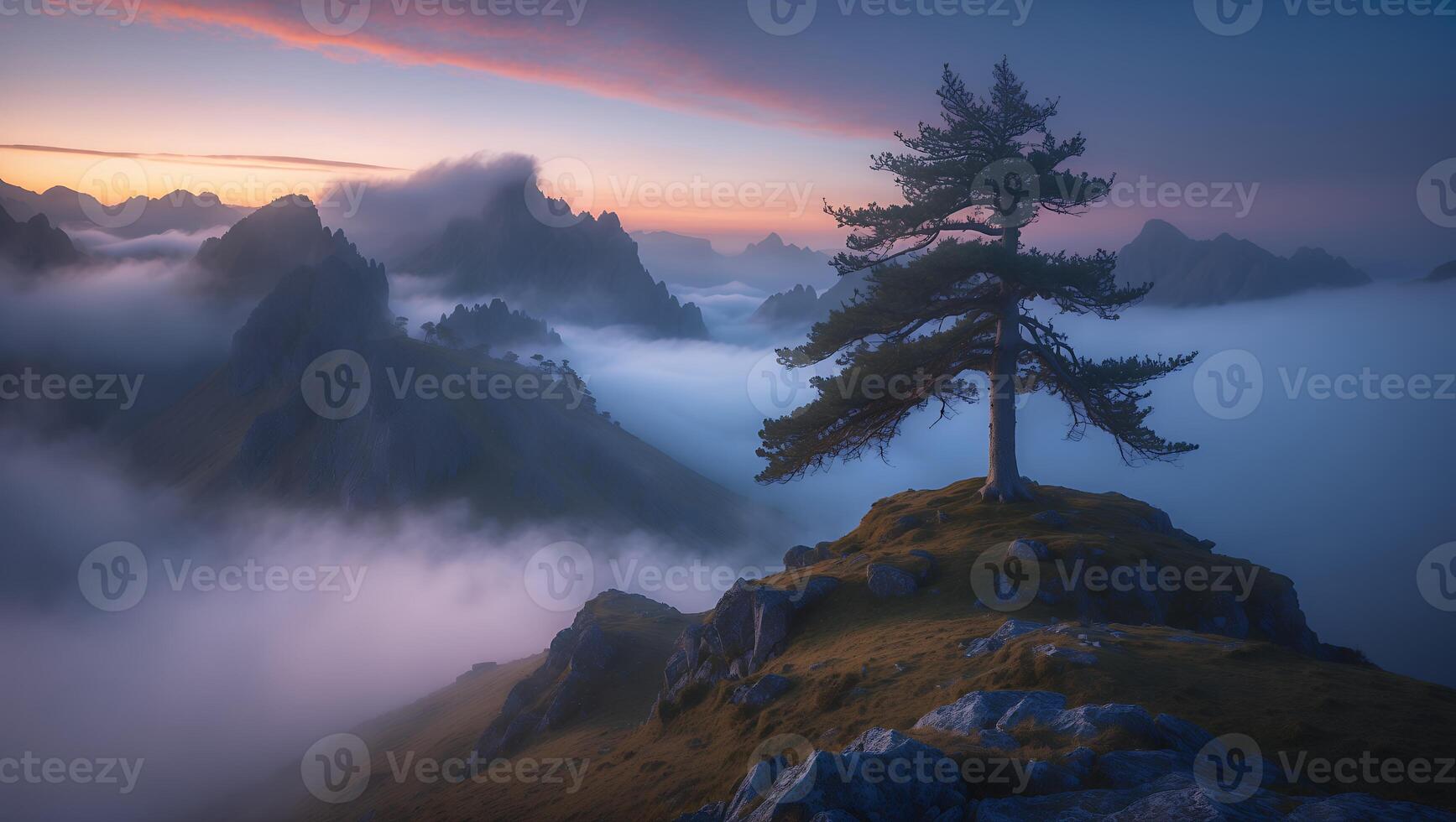 Lone Tree on Mountain Peak Overlooking Valley Filled with Fog at Dusk photo