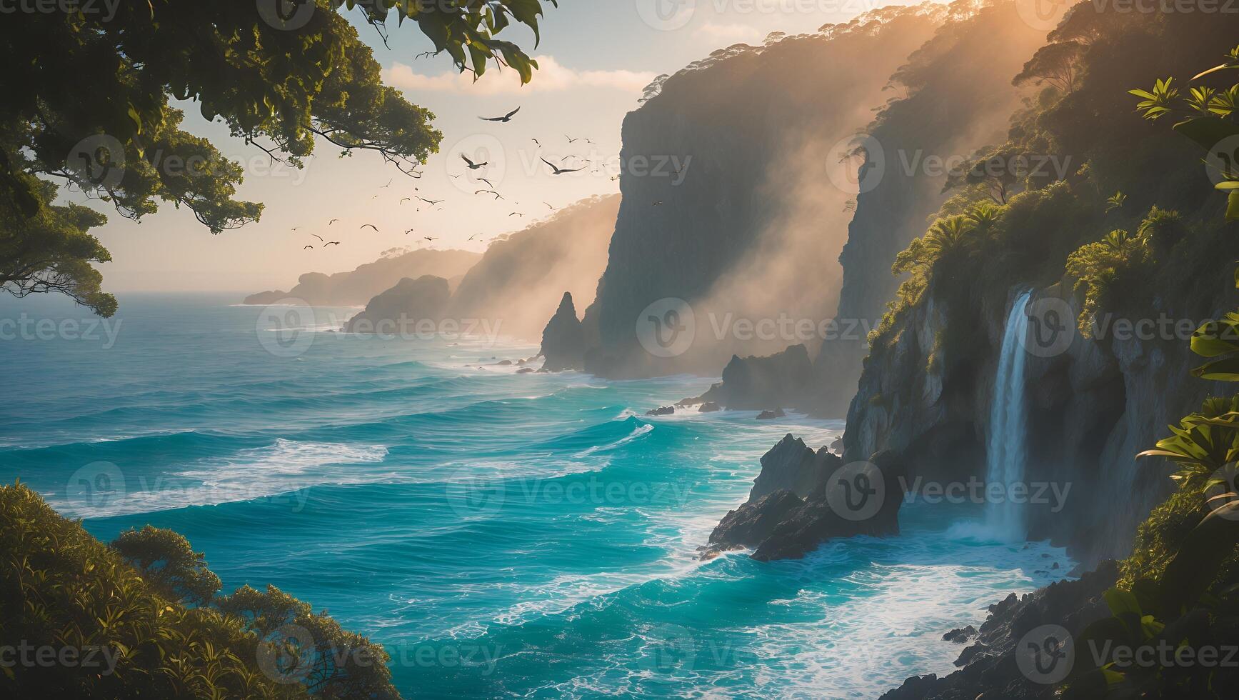 Waterfall Flowing on Tropical Coastline with Birds Flying Above the Ocean photo