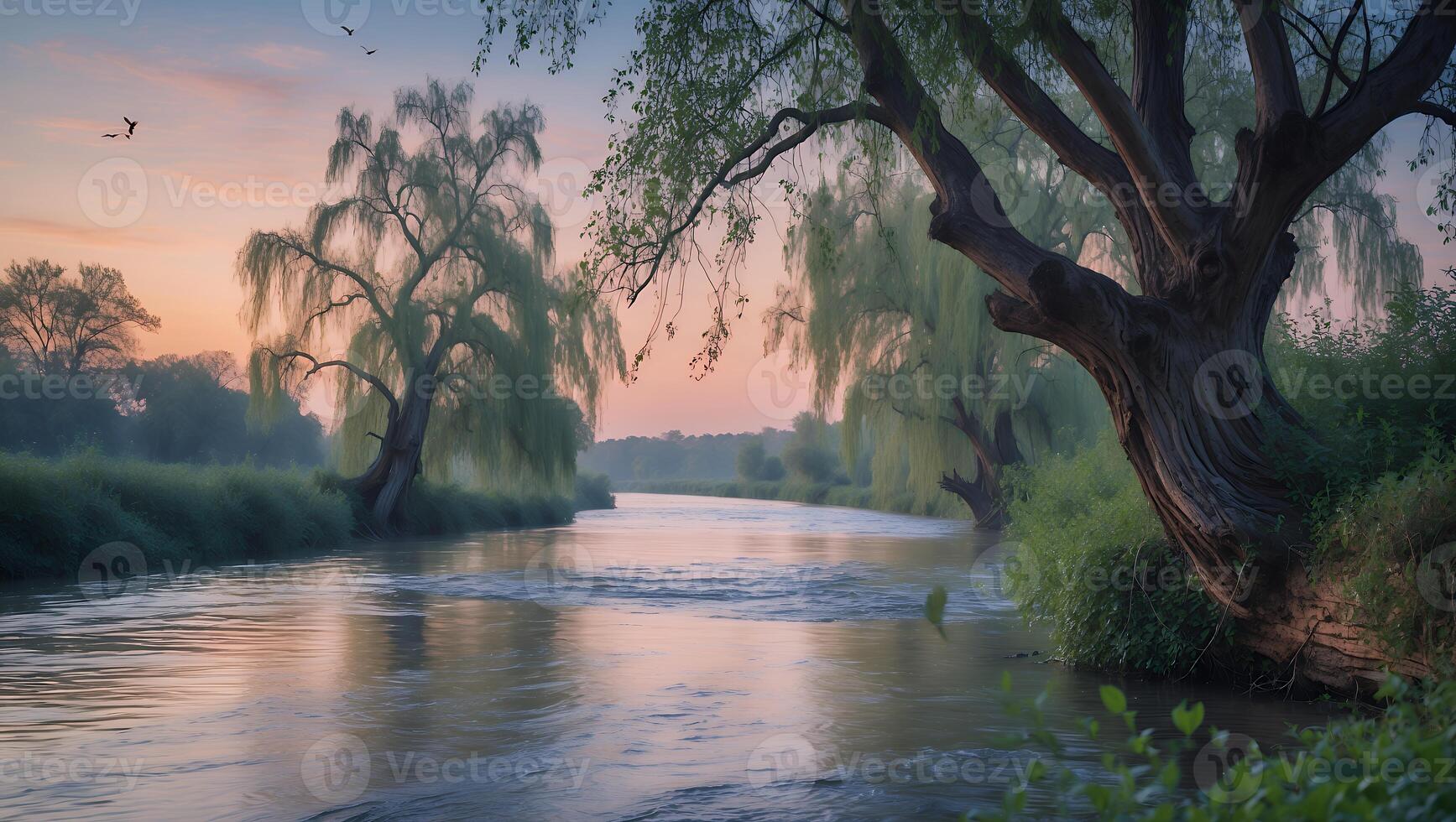 River Flowing Past Willow Trees at Dusk with Soft Reflections photo