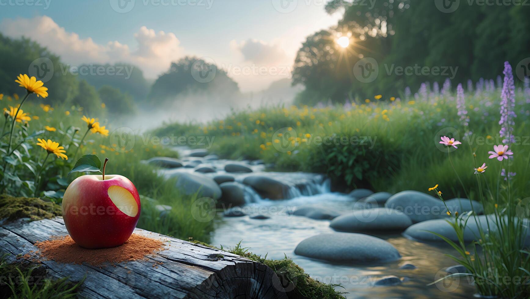 Apple Resting on Log by Stream with Mist and Wildflowers photo