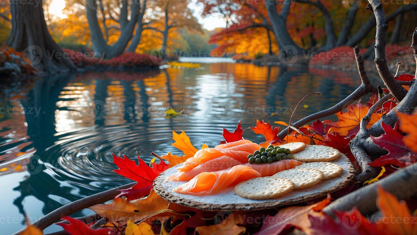 Salmon Appetizer with Crackers by Lake Surrounded with Autumnal Leaves photo