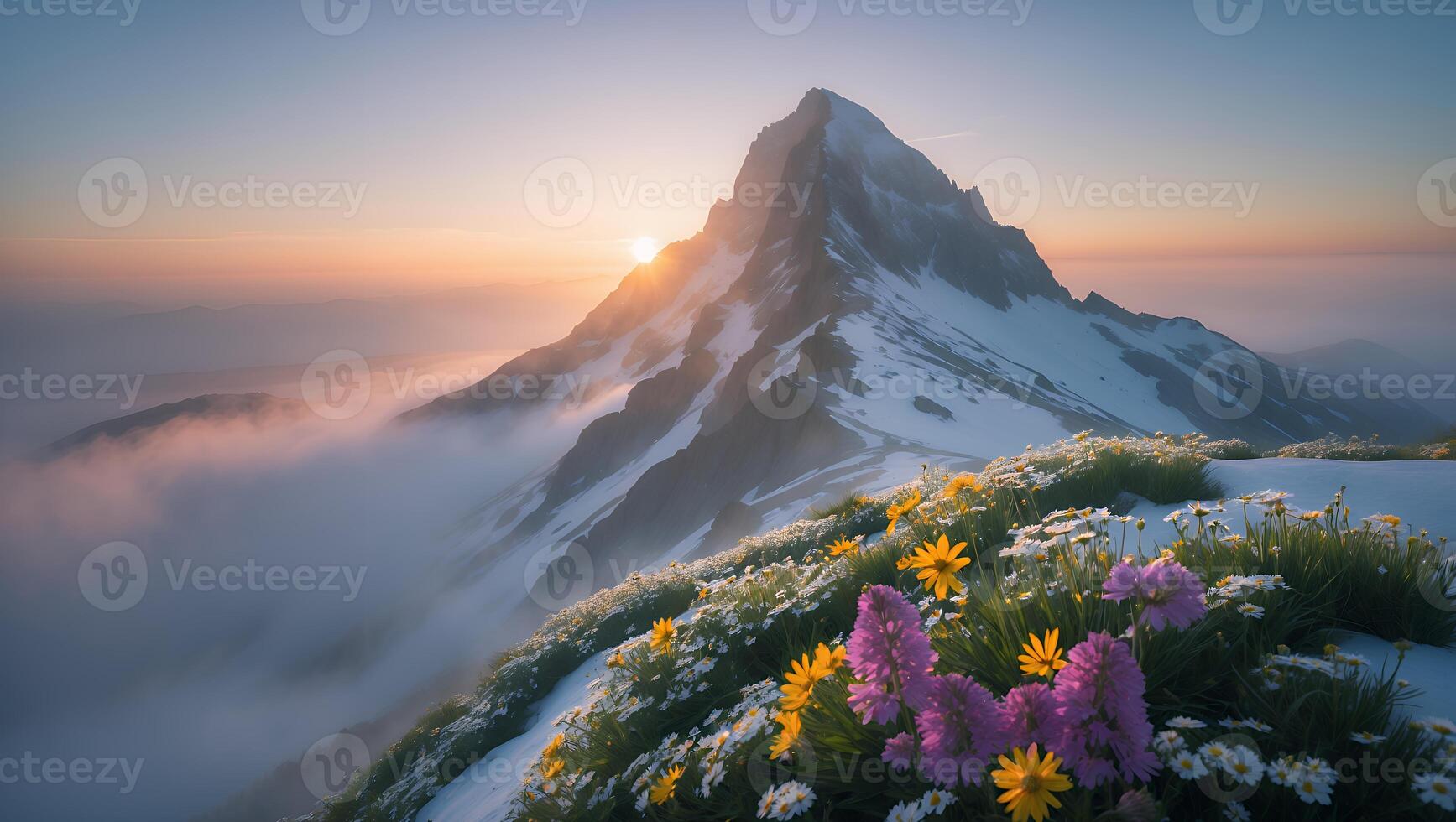 Majestic Snow Mountain with Wildflowers at Sunrise Above the Clouds photo