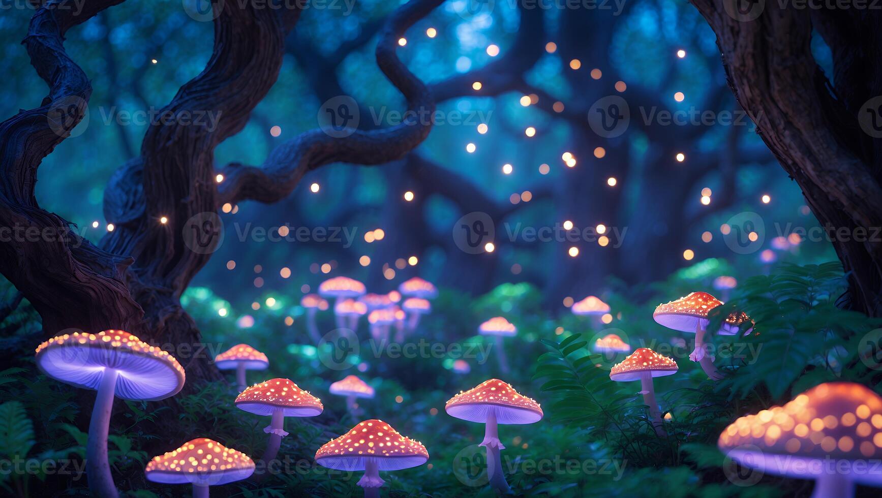 Glowing Mushrooms in Enchanted Forest with Fireflies and Dark Trees photo