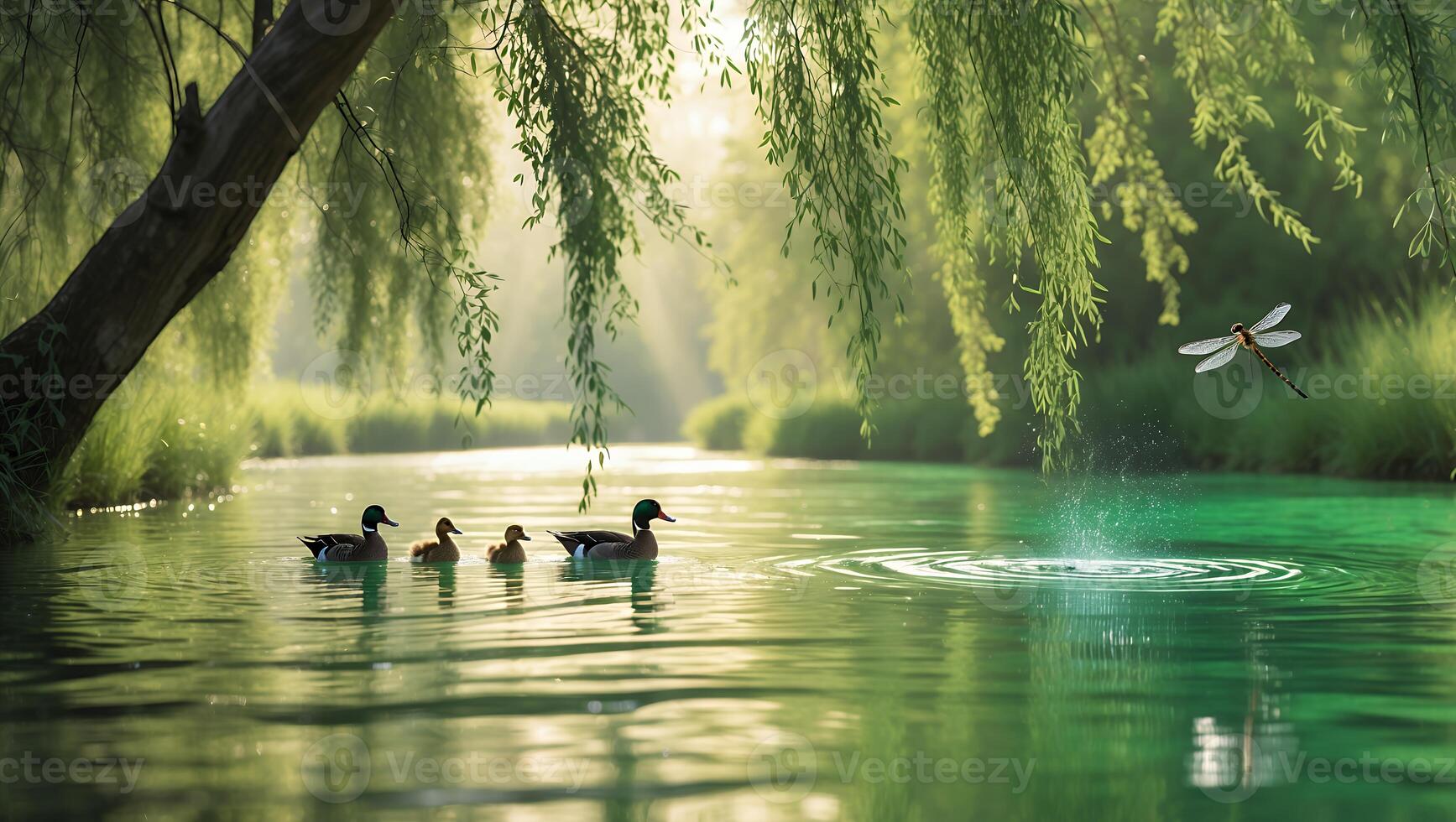 Ducks Swiming on the River and Dragonfly Drinking Water Nature Scene photo