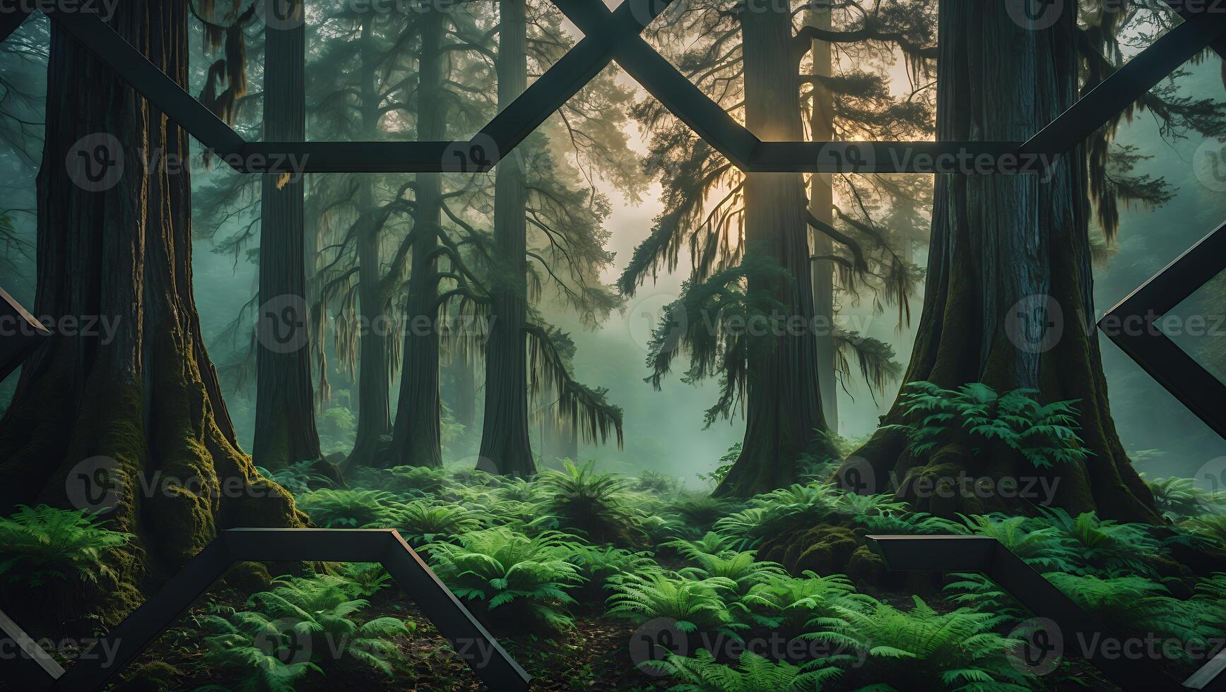 Walking Through Forest Clearing with Ferns and Tall Old Trees photo
