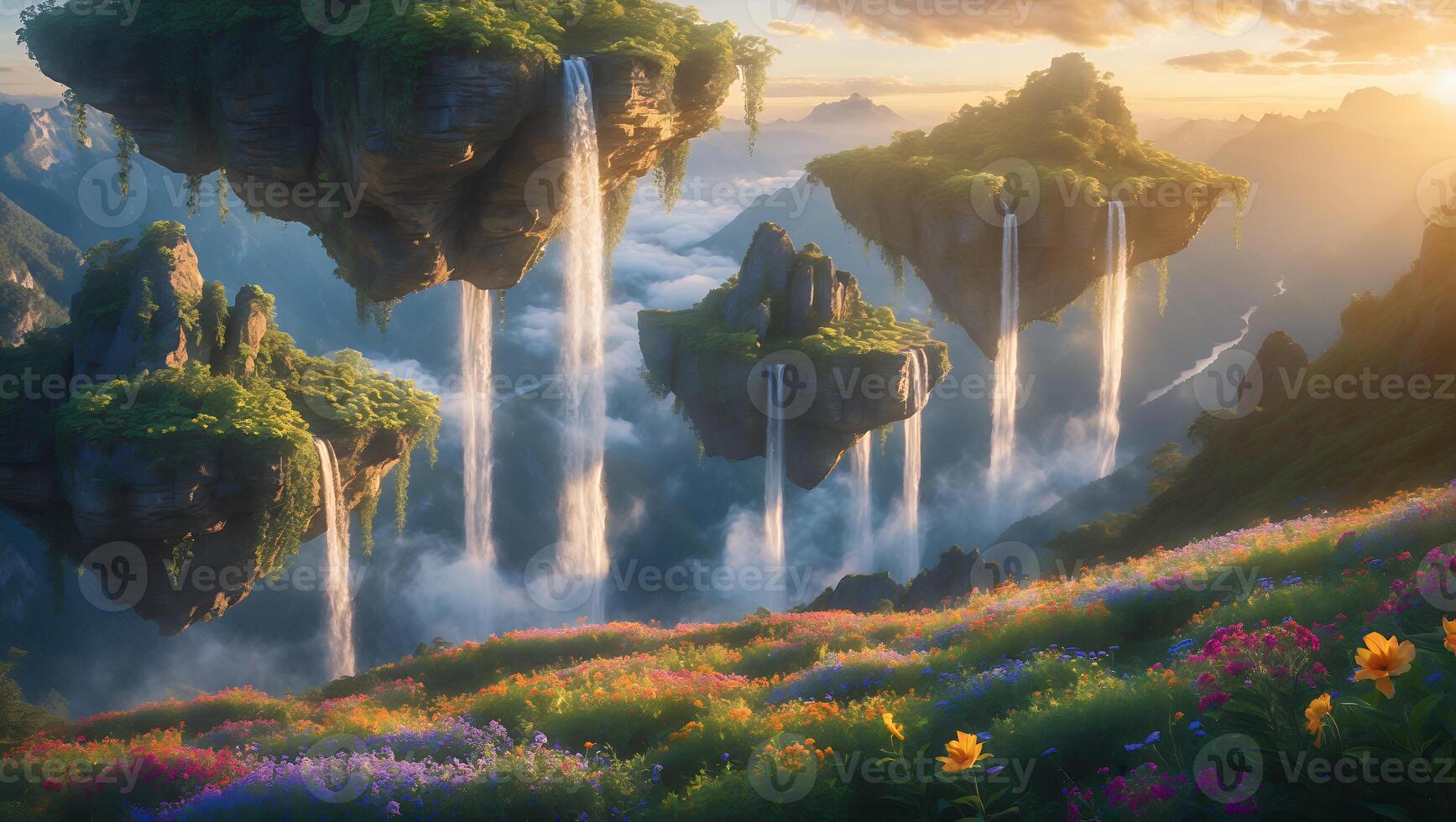 Floating Islands with Waterfalls Flowing Amidst a Flower Meadow Landscape photo