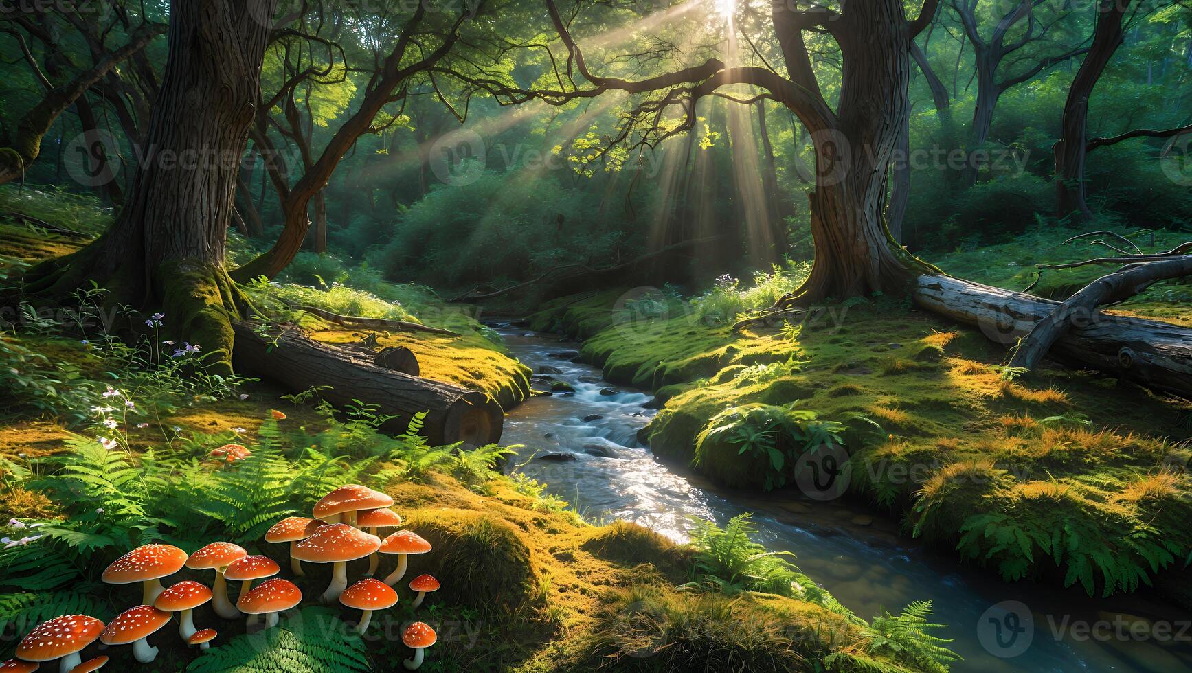 Sunlight Streaming Through Forest with Creek, Mushrooms, and Moss photo