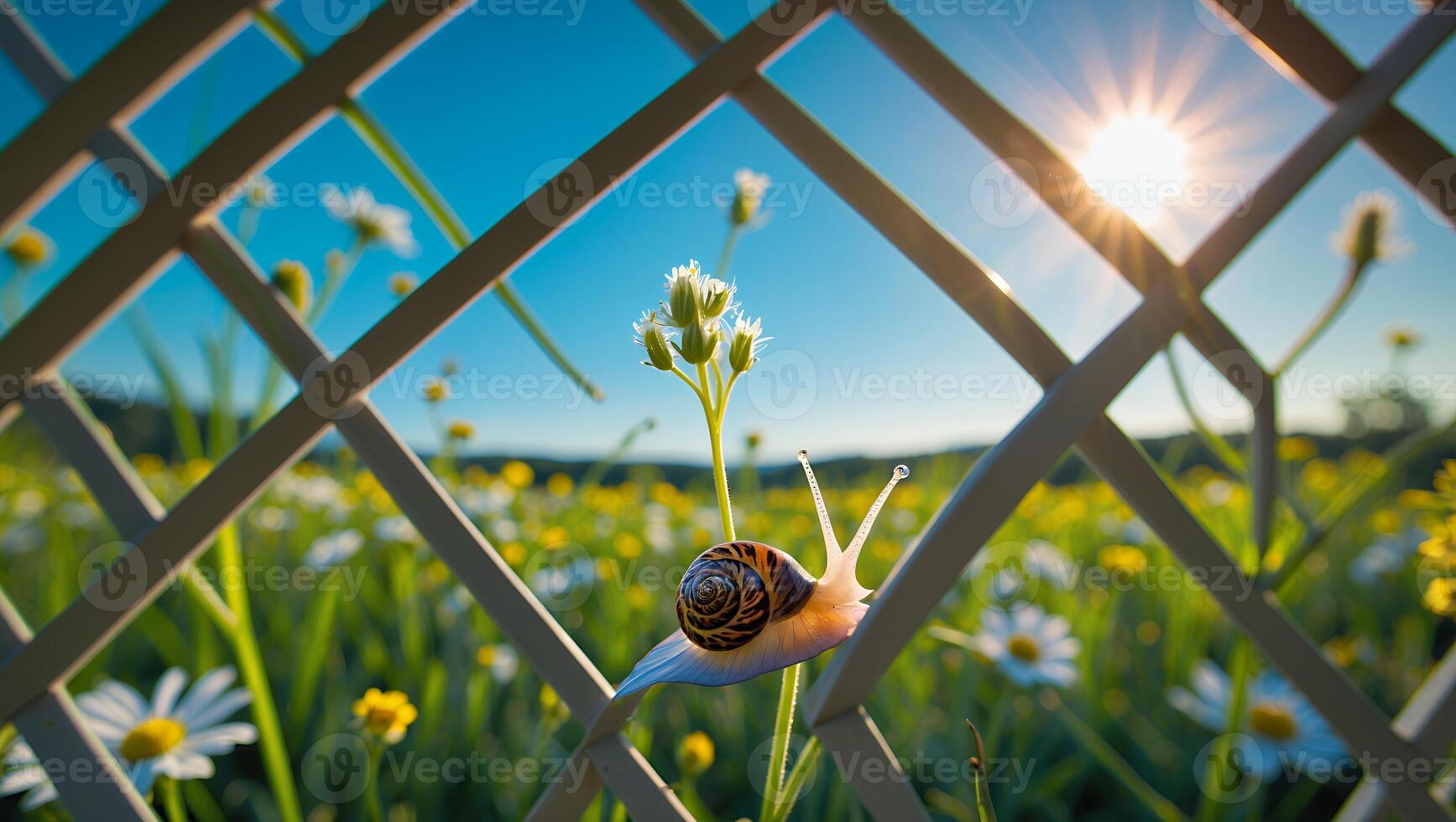 Snail Climbing on Flower Through Fence with Sunny Meadow Backdrop photo