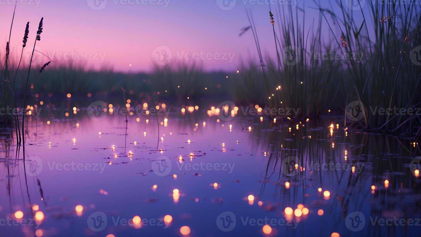 Calm Water Reflecting Warm Lights Under Twilight Sky at Dusk photo