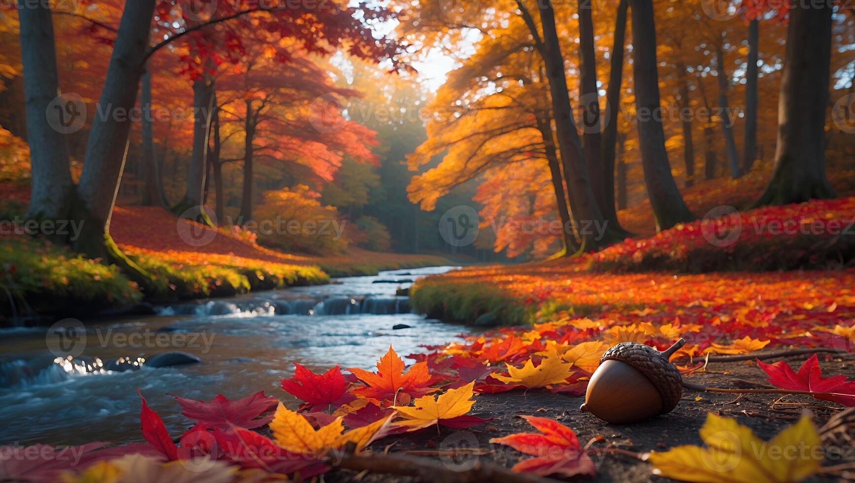 Flowing Stream Through Autumn Forest with Colorful Leaves and Acorn photo