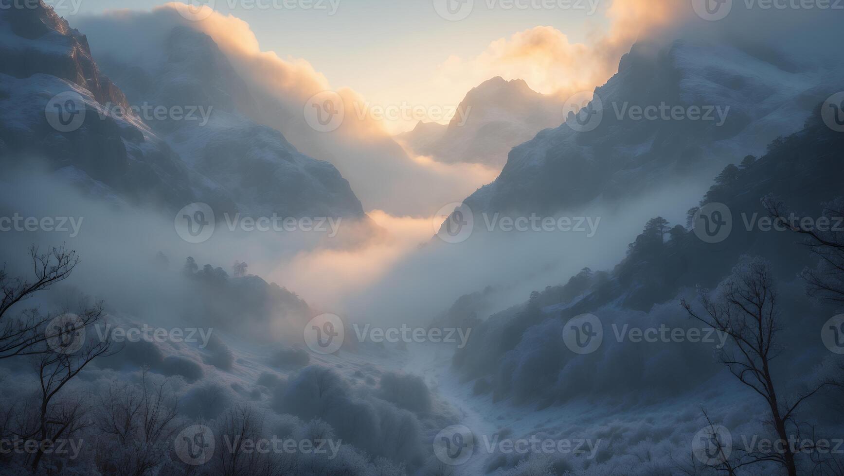 Fog Rolling Through Snowy Mountain Valley at Sunrise Landscape photo