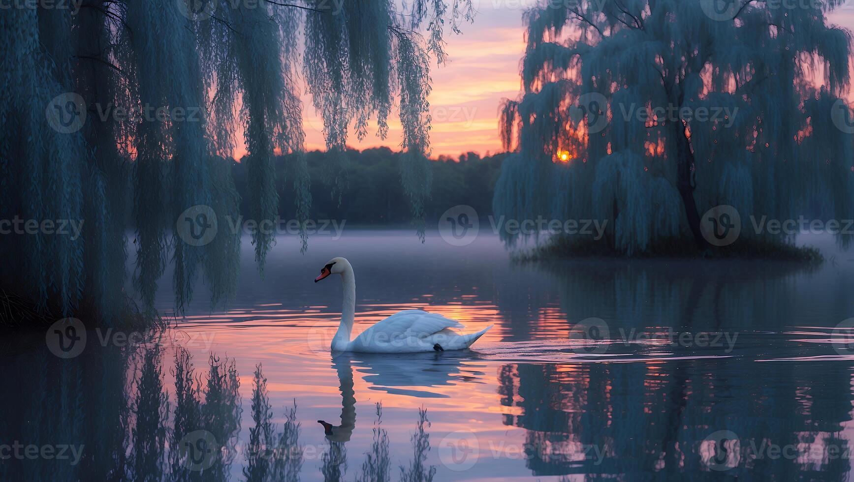 Swan Swimming in Lake at Sunset with Willow Trees Reflection photo