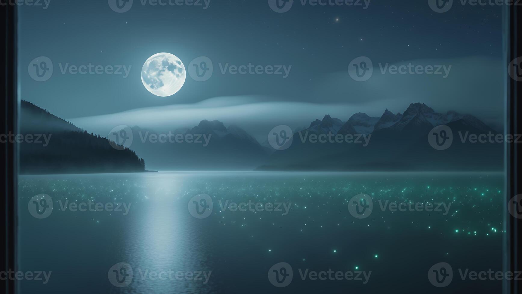 Moonlit Lake Landscape with Mountains and Sparkling Water View photo