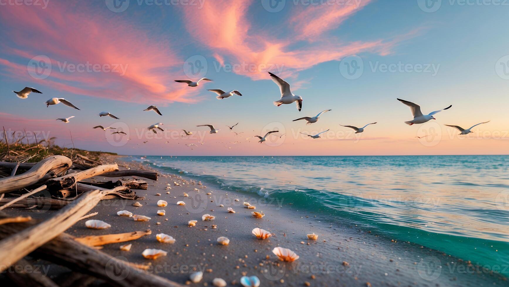 Seagulls Soaring Above Sandy Beach with Seashells at Sunset photo