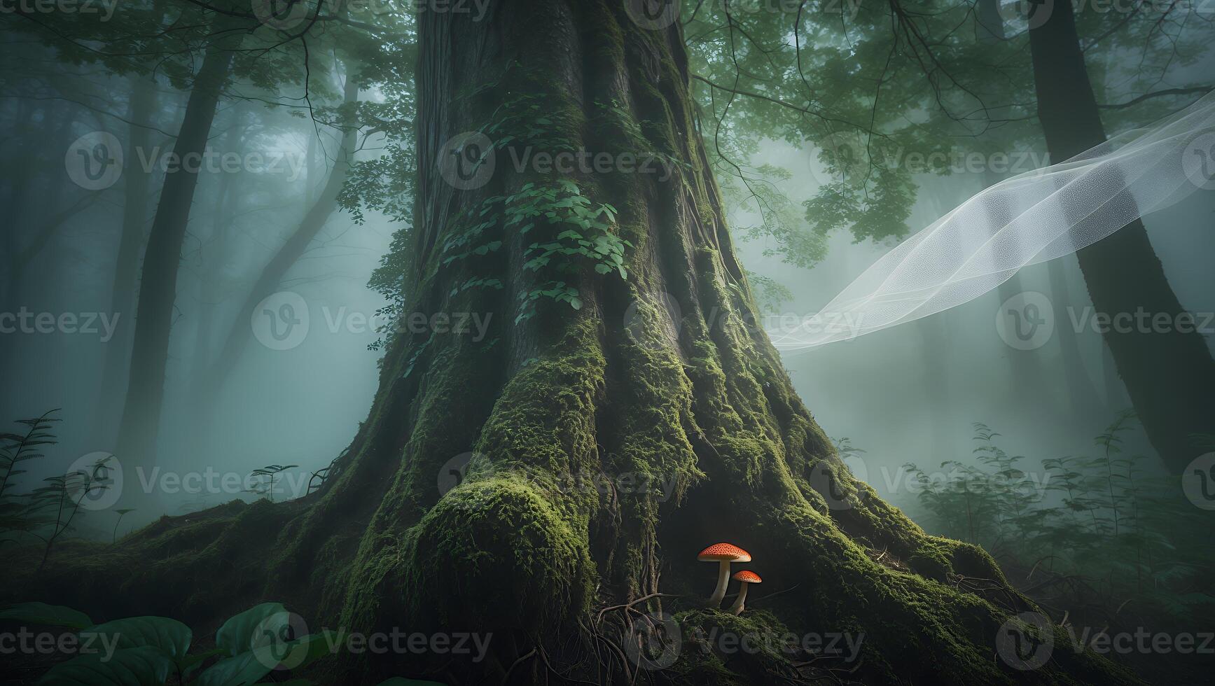 Mossy Tree in Misty Forest with Fungi and Ethereal Veil photo