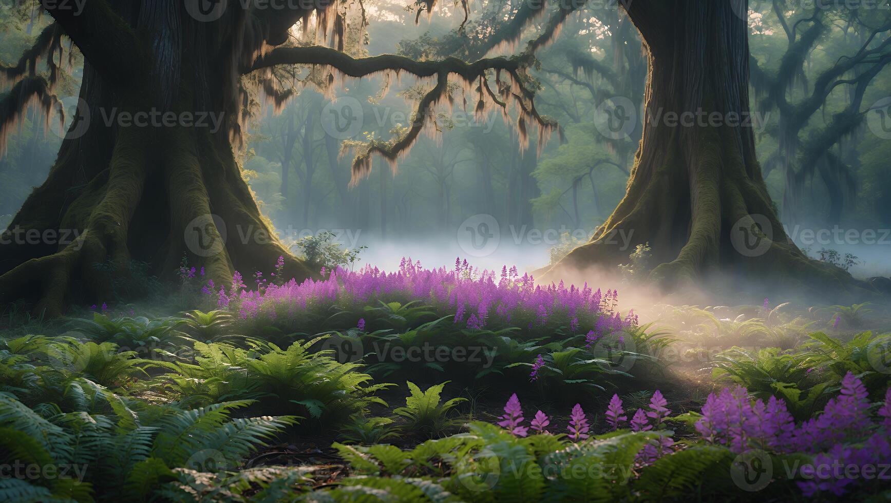 Foggy Forest Scene with Mossy Trees and Purple Flowers in Bloom photo