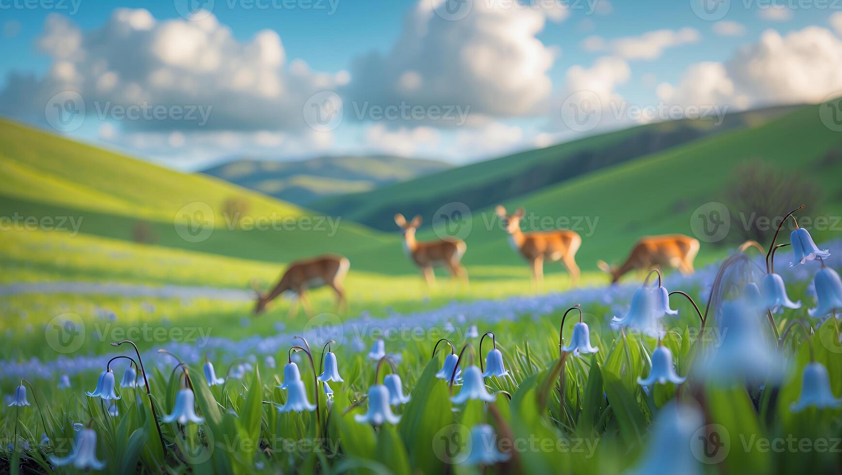 Deer Grazing in Meadow with Bluebells on Rolling Hills photo
